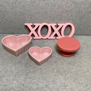 Valentine's Pink Ceramic Decor Bundle Heart Ramekins, Cake Stand, XOXO Sign EUC
